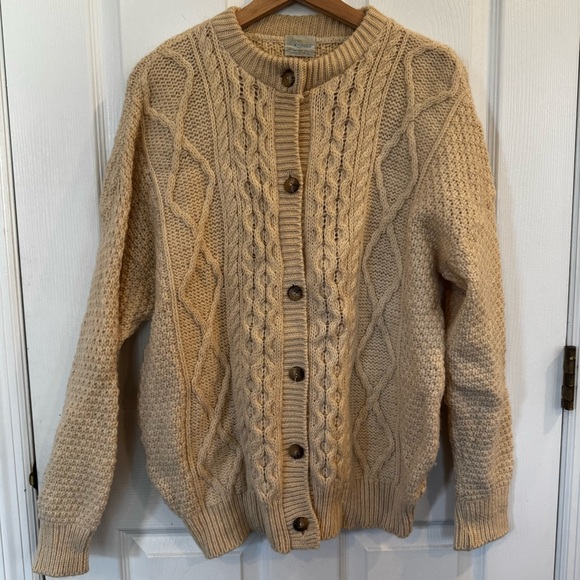 Vintage Aran Knitwear Wool Cable Fisherman Cardigan Oatmeal Made in UK 80s/90s - Picture 3 of 10